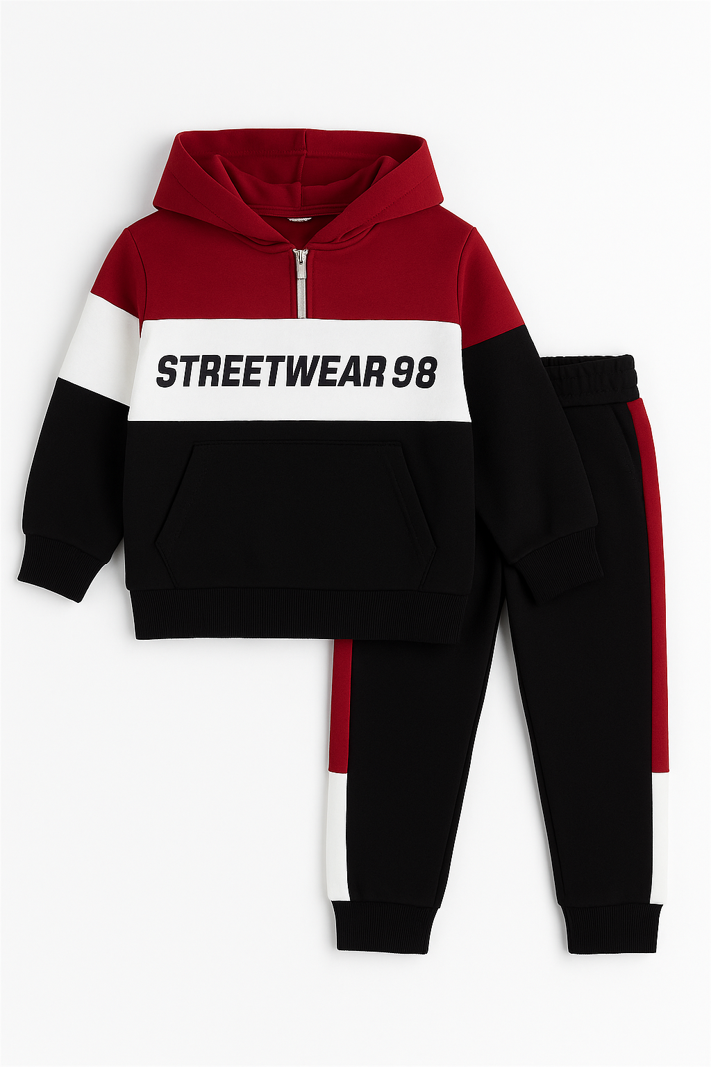 Kids Streetwear 98 Quarter Zipper & Pocket Hoodie With Panel Trouser 2pcs Outfits Set Imported