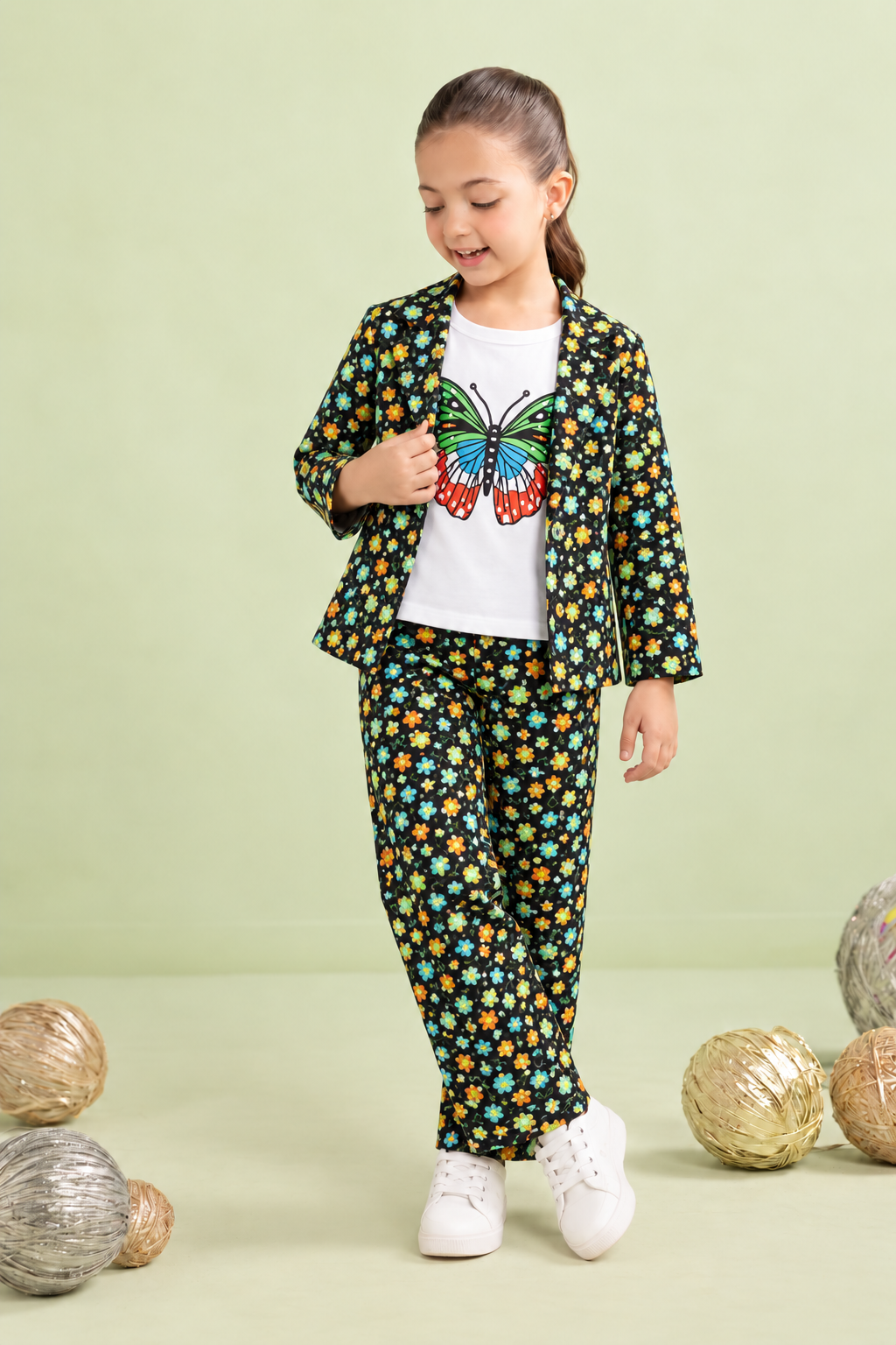Girls 3 Piece Butterfly Print Floral Co-Ord Summer Outfit Set