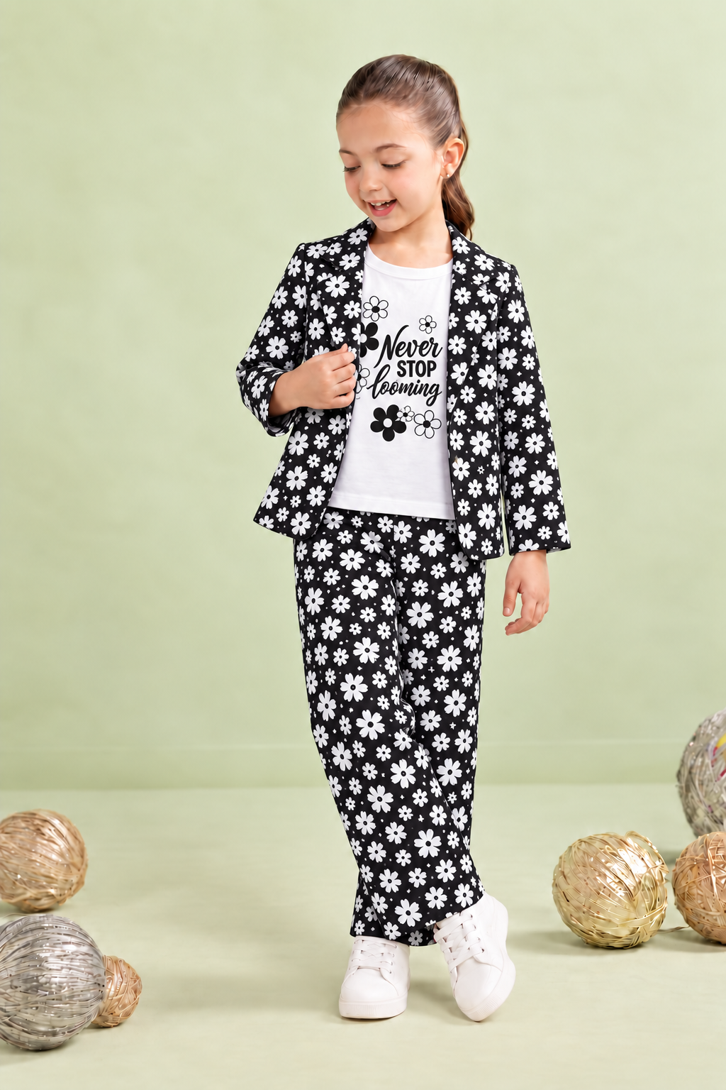 Girls Black & White Floral 3 Piece Summer Co-Ord Set