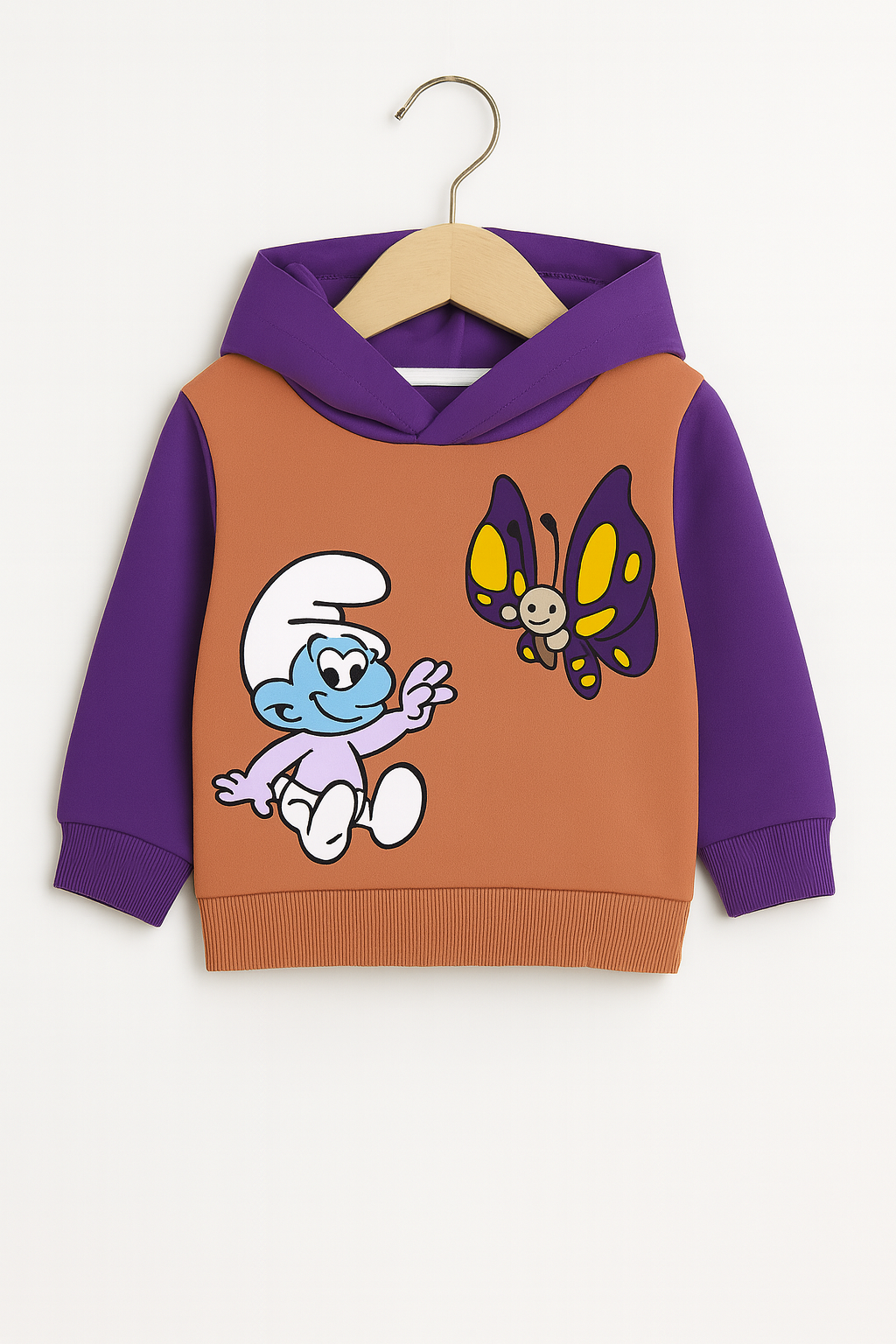 Baby Girls The Smurfs Print Peach Fleece Hoodie With Blue Panel Trouser 2 Piece premium Quality Set