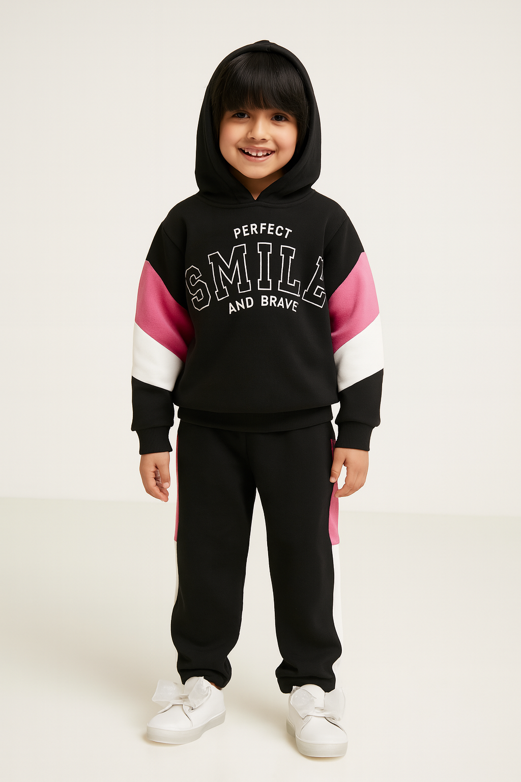 Baby Girl Prefect Smile Pink ,White & Black Zipper Hoodie With Pannel Trouser And Dori Premium Quality Set