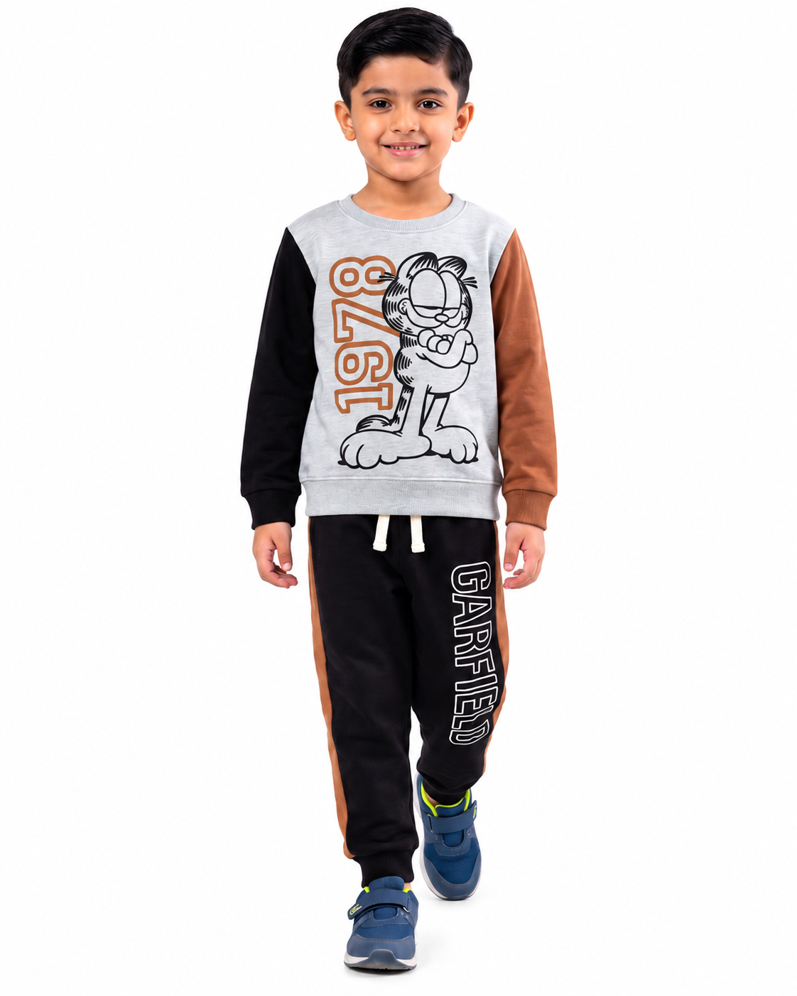 Kids Grey ,brown & black Garfield Print Sweatshirt With Panel Trouser Premium Quality Set