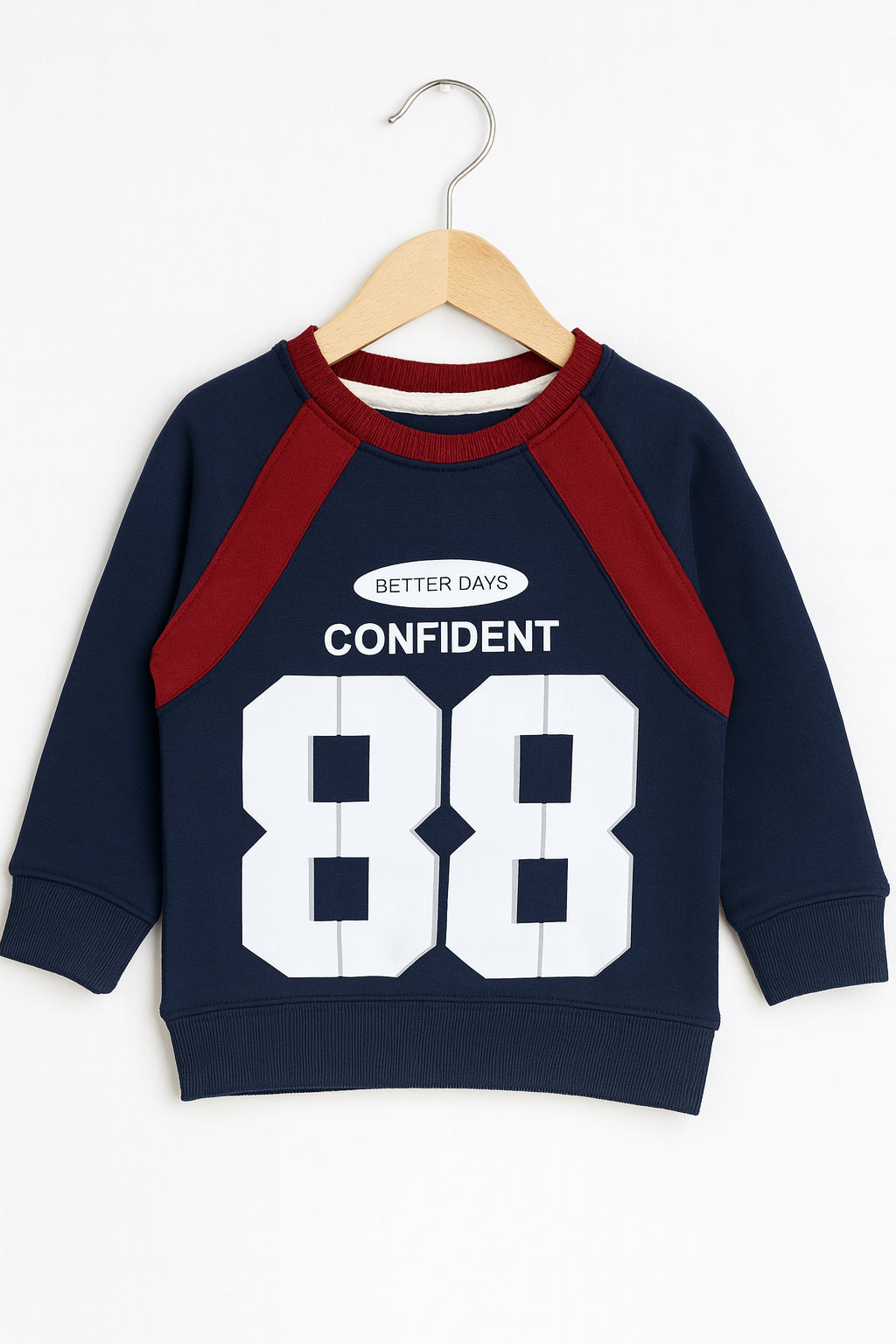 Confident 88 Kids Tracksuit navy sweatshirt with red accents and bold print for stylish comfort.