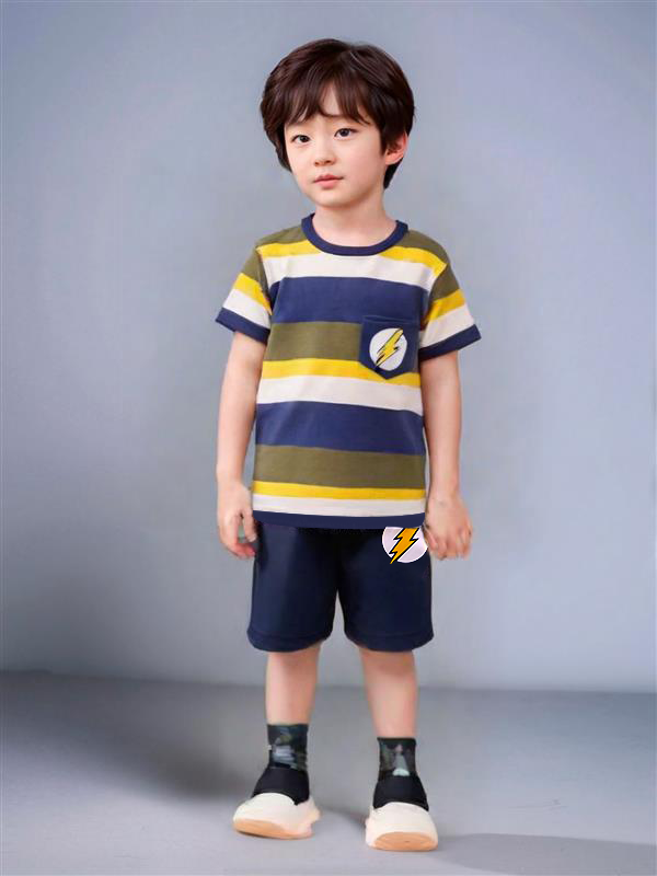 Boys' Striped Cotton Summer Set with Lightning Bolt Design