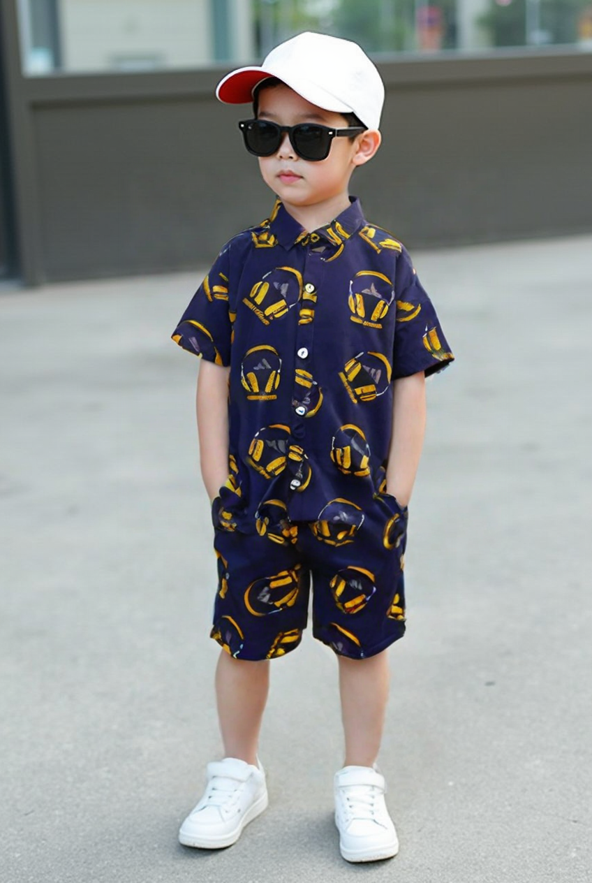 Boys' Summer Co-ord Set in Navy Blue – Headphone Print Linen Shirt & Shorts