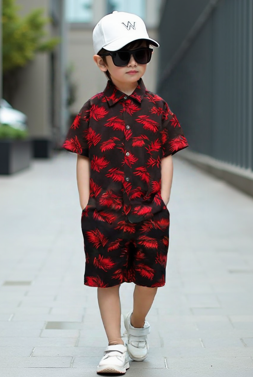 Boy’s Black & Red Tropical Leaf Linen Co-ord Set – Summer Shirt & Shorts