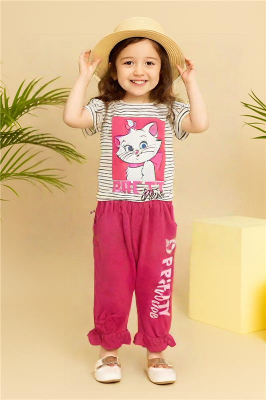 Pretty Marie Girls' Summer Night Suit – Striped Tee & Pink Pajama Set