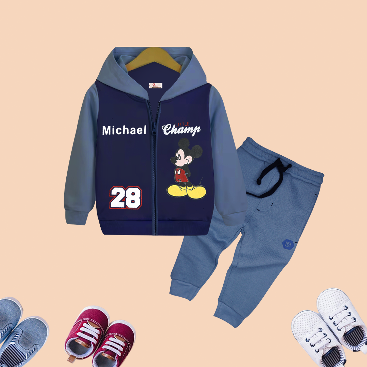 Mickey Mouse Printed Zipper Hoodie With pocket Trouser And Dori Premium Quality 2 Pcs Set