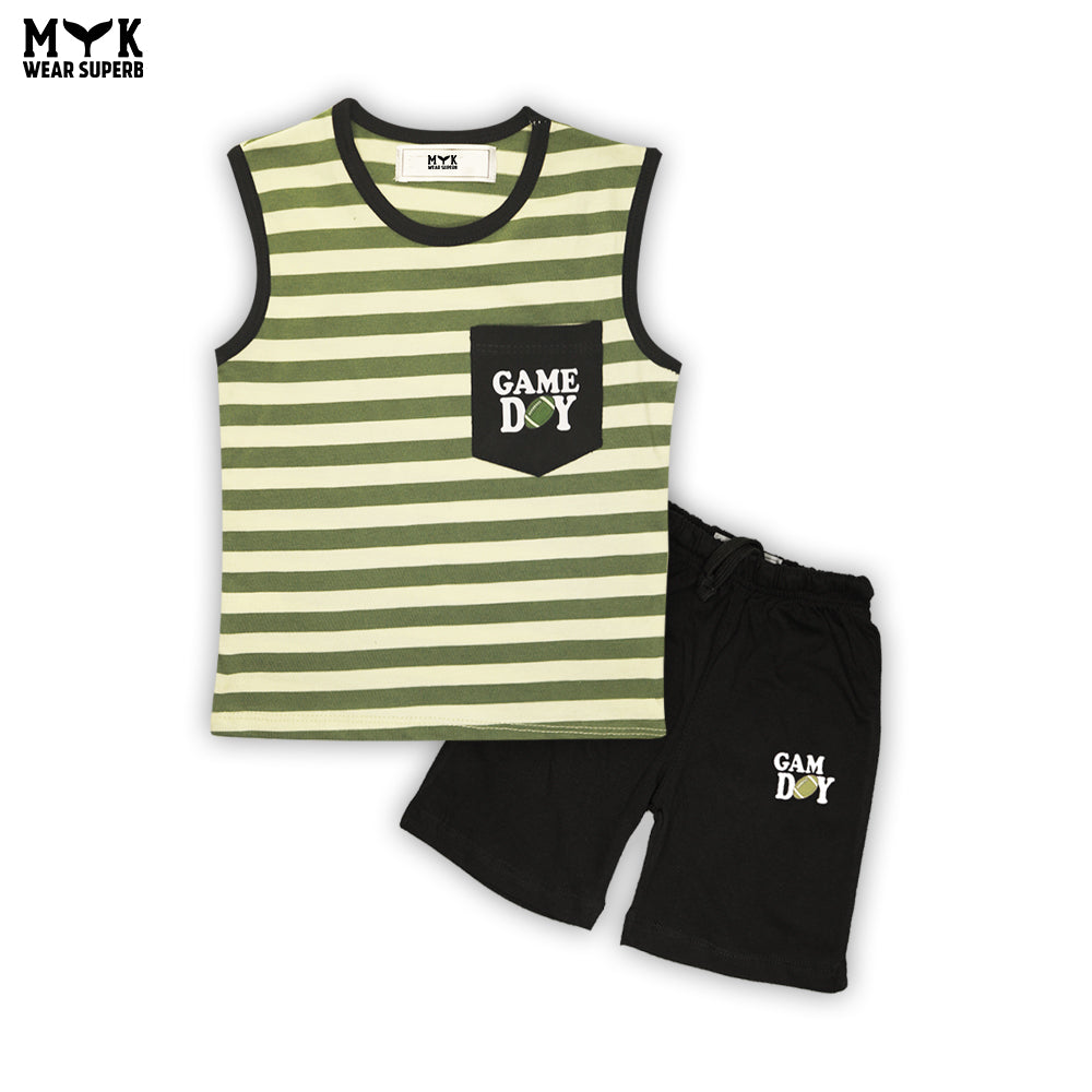Kids’ Sleeveless “Game Day” Summer Tank Top & Shorts Set – Olive Green & Black