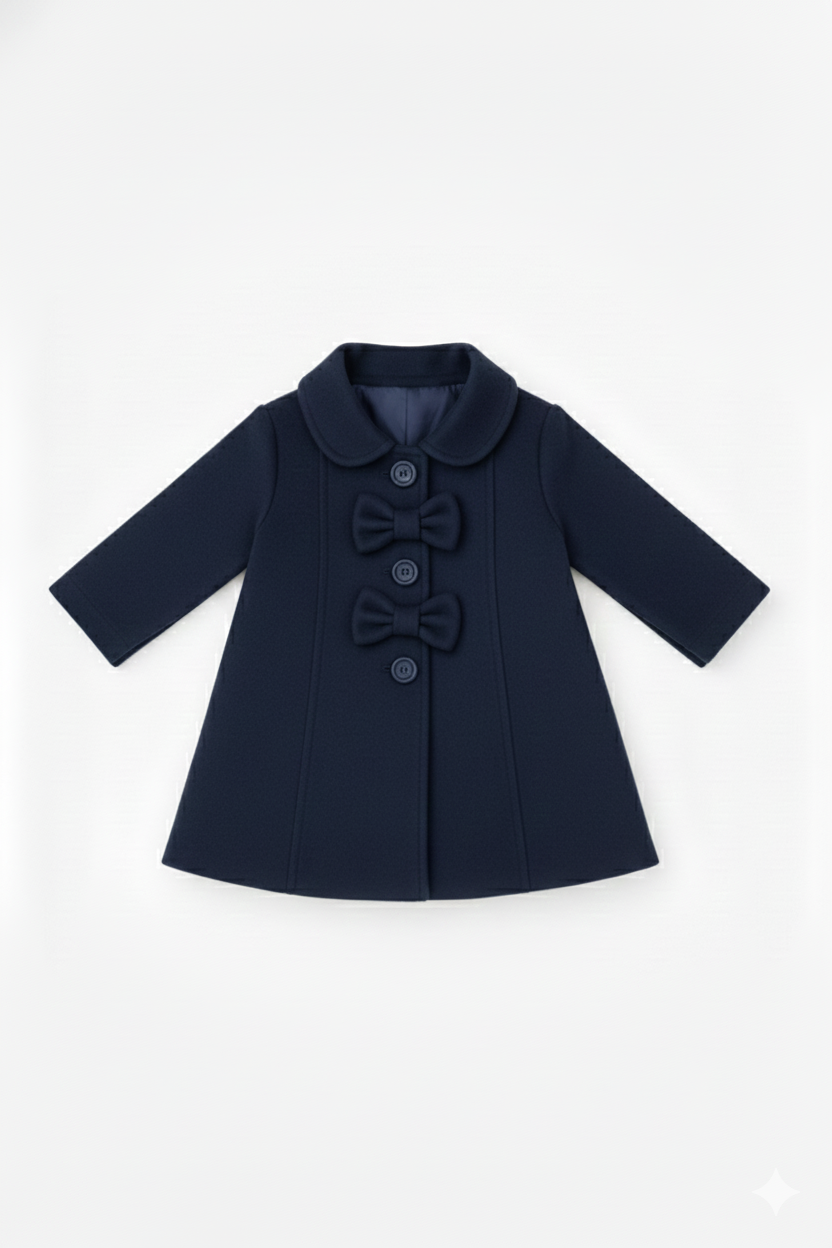 Girls’ Navy Bow-Detail Wool Coat