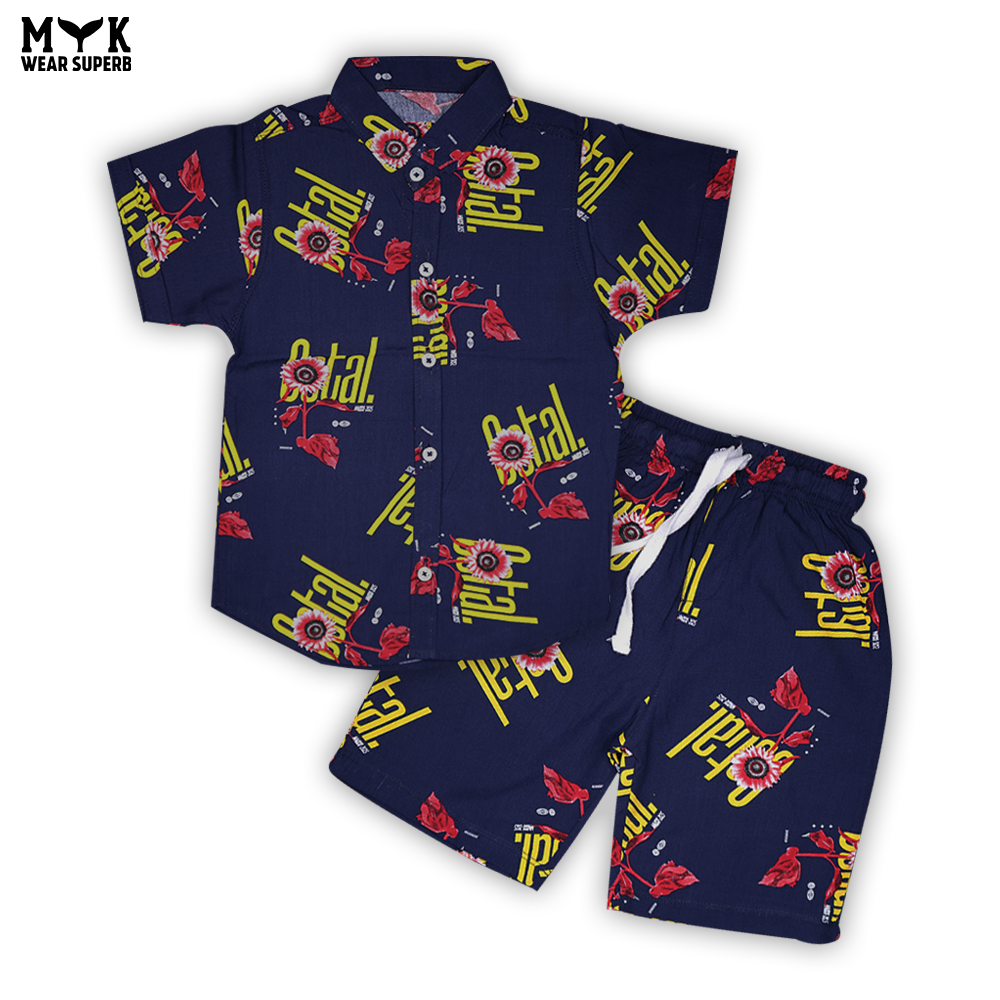 Boys' Printed Linen Shirt & Shorts Co-Ord Set – Navy Blue
