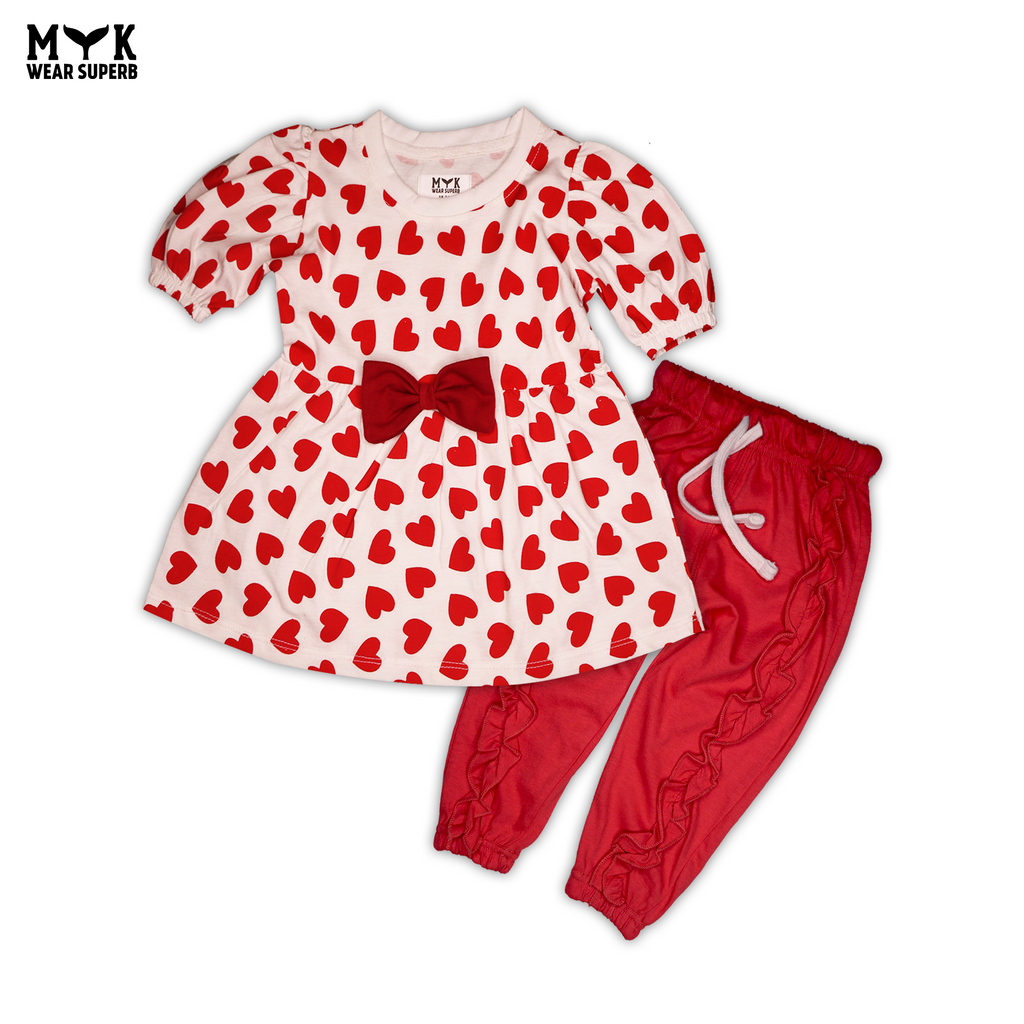 Baby Girl Heart Print Dress with Bow & Frill Pants