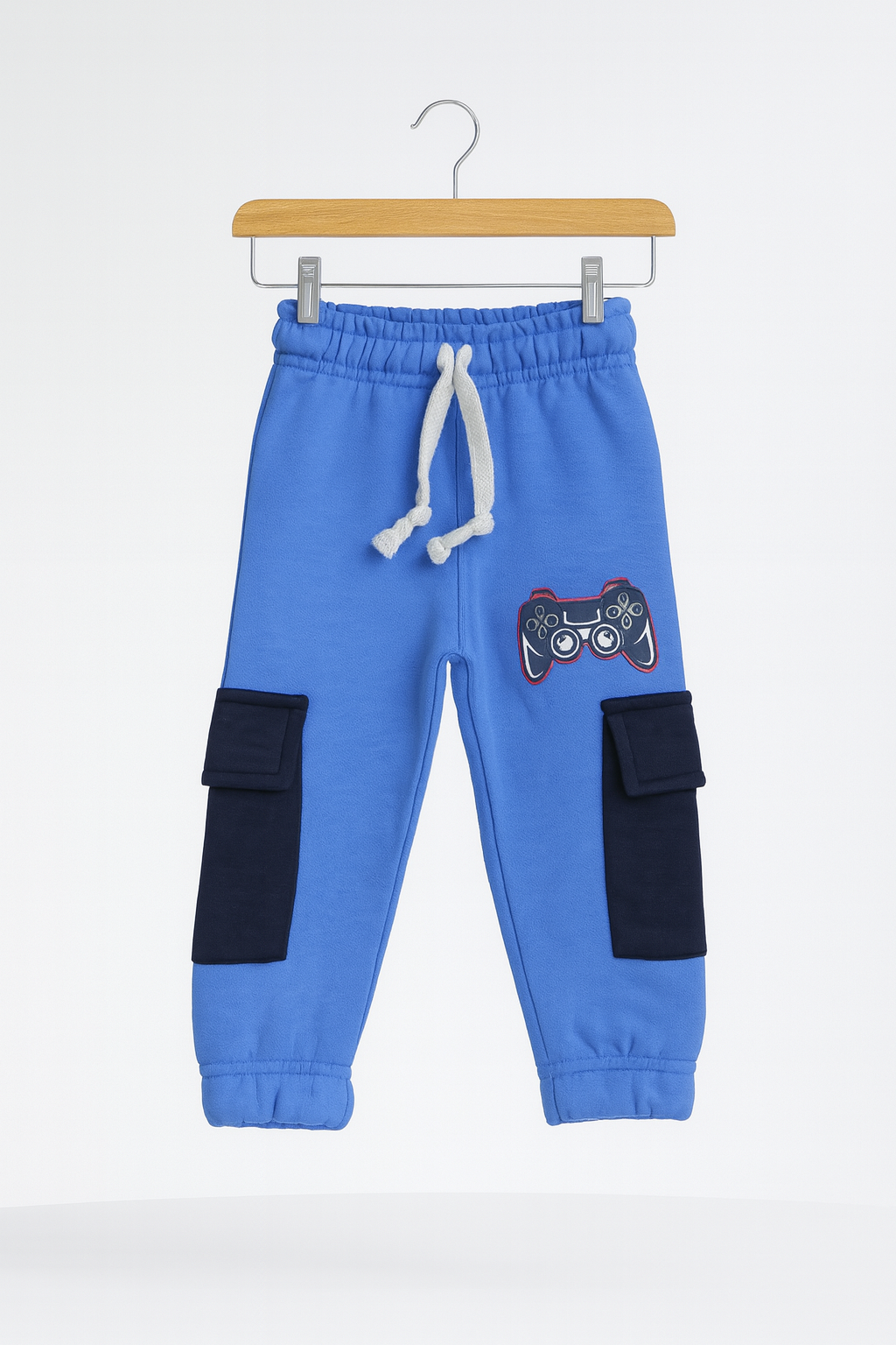 Let’s Play Outside Kids Tracksuit blue pants with game controller graphic and cargo pockets