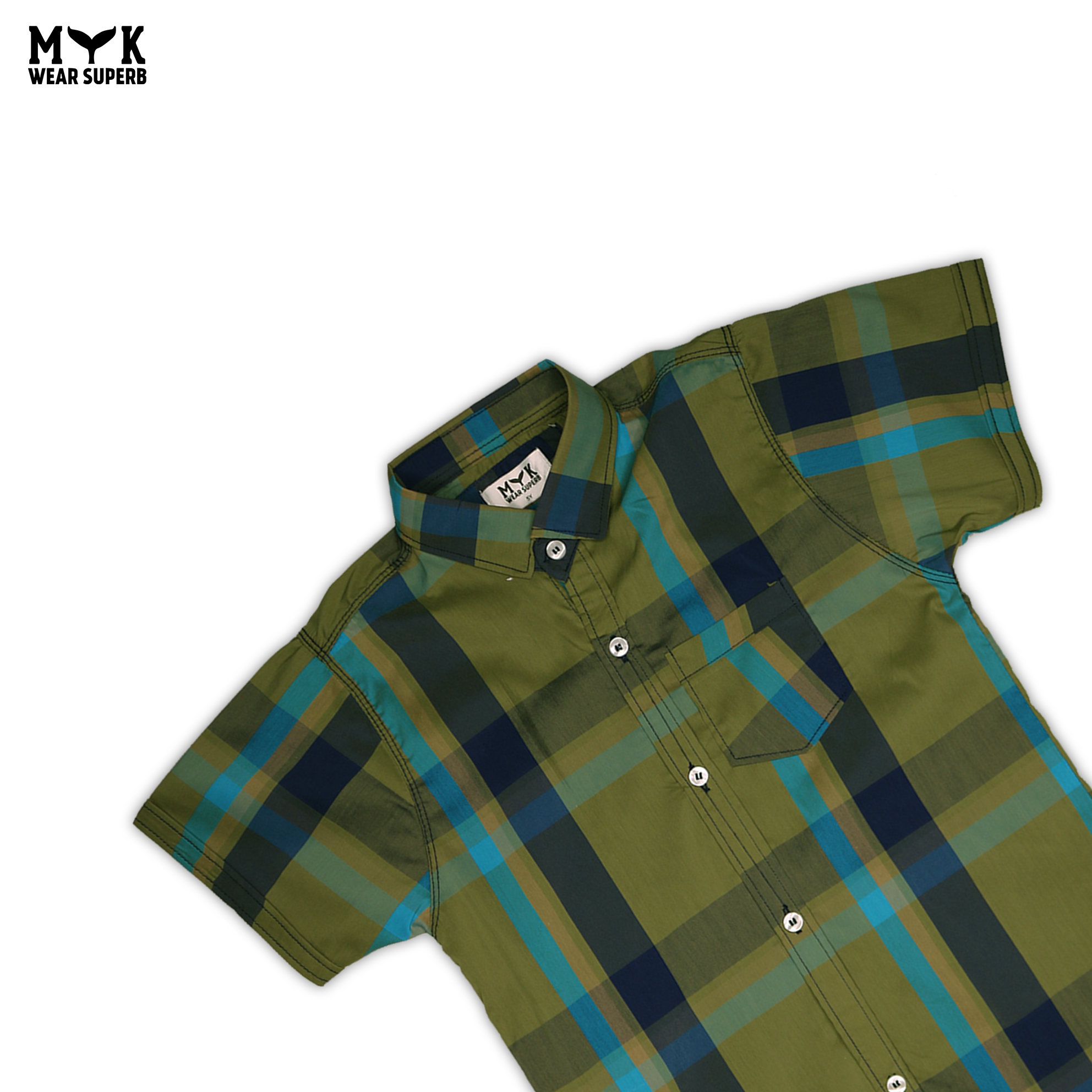 Boys' Stylish Plaid Short-Sleeve Shirt – Olive Green & Blue