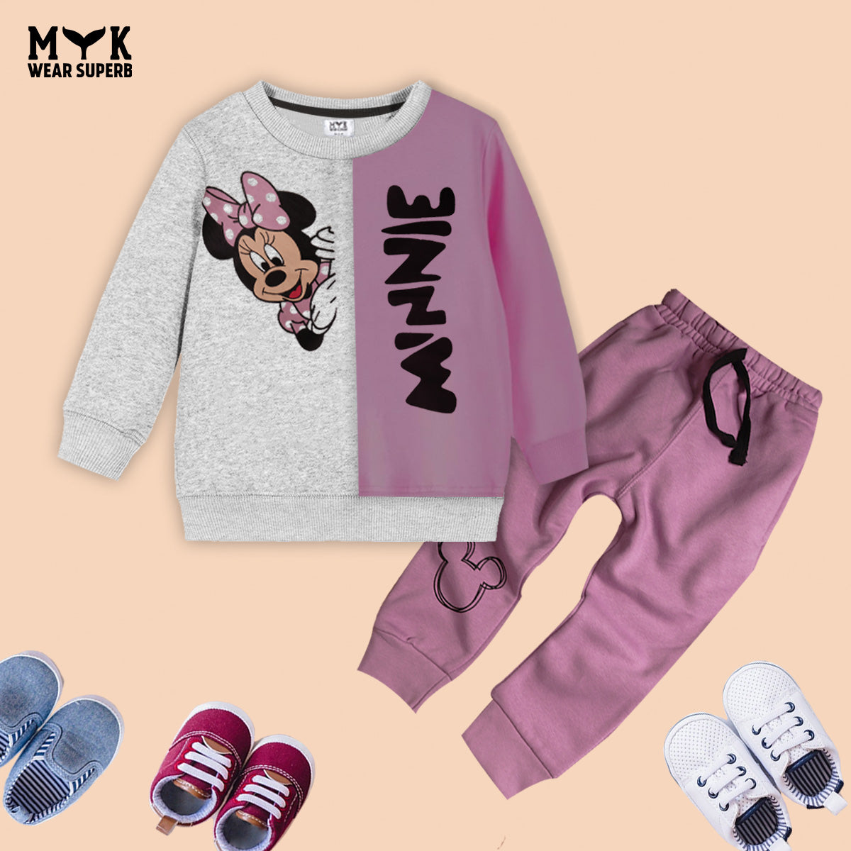 Disney Minnie Mouse Fleece Pink Gray Sweatshirt With Trouser  2 Piece Set