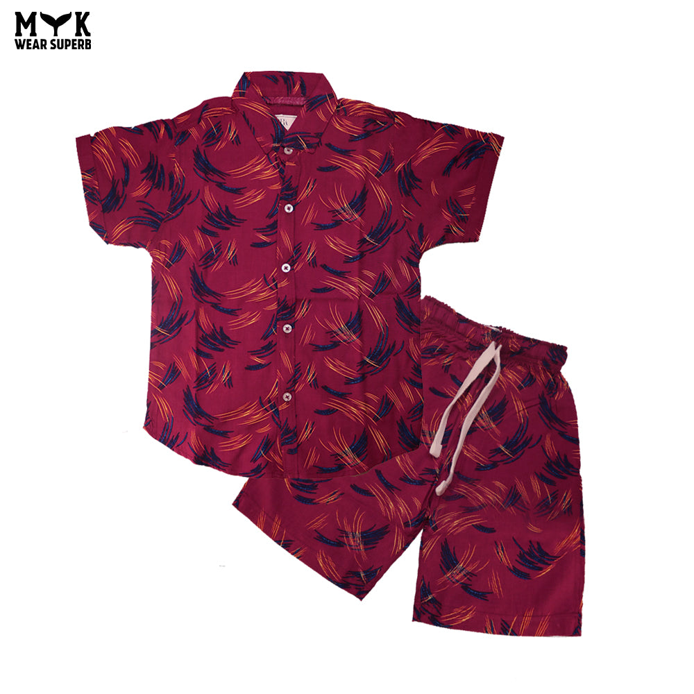 Boys Maroon Linen Printed Co-Ord Set