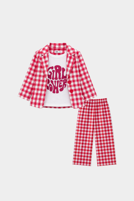 Girls Red Checkered 3 Piece Summer Co-Ord Suit for Kids - MYK_Fatimas