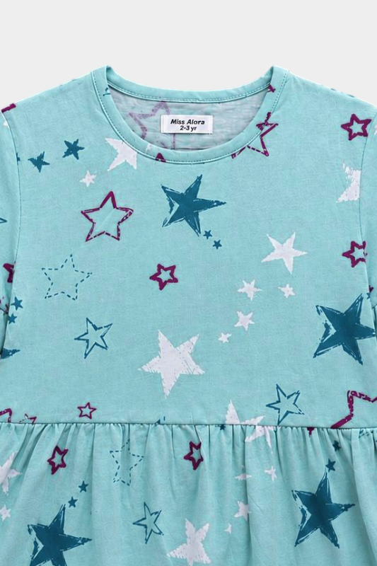 Girls Aqua Star Print Frill Co-Ord Set for Summer Casual Wear - MYK_Fatimas