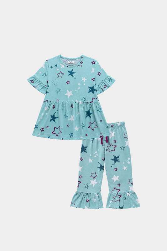 Girls Aqua Star Print Frill Co-Ord Set for Summer Casual Wear - MYK_Fatimas