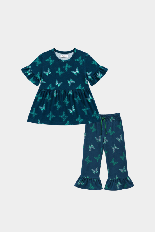 Girls Navy Blue Butterfly Print 2 Piece Summer Co-Ord Set Kids - MYK_Fatimas