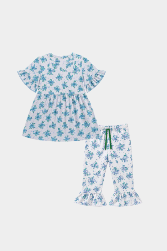 Girls Blue Floral Printed Summer Co-Ord Set for Kids Casual Wear - MYK_Fatimas