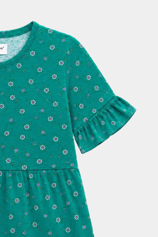 Girls Teal Floral Frill Sleeve Co-Ord Set for Summer Wear - MYK_Fatimas