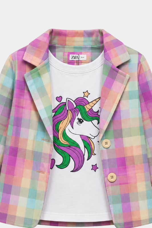 Girls Unicorn Printed 3 Piece Pastel Check Summer Co-Ord Set - MYK_Fatimas