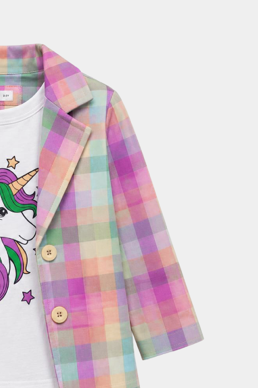 Girls Unicorn Printed 3 Piece Pastel Check Summer Co-Ord Set - MYK_Fatimas