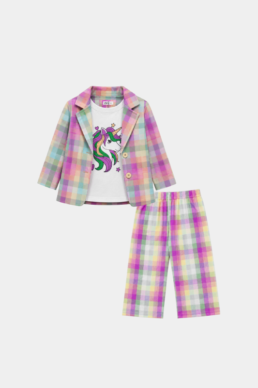 Girls Unicorn Printed 3 Piece Pastel Check Summer Co-Ord Set - MYK_Fatimas