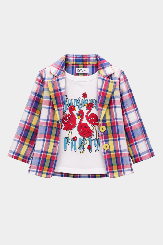 Girls Multicolor Checkered Flamingo 3 Piece Summer Co-Ord Set