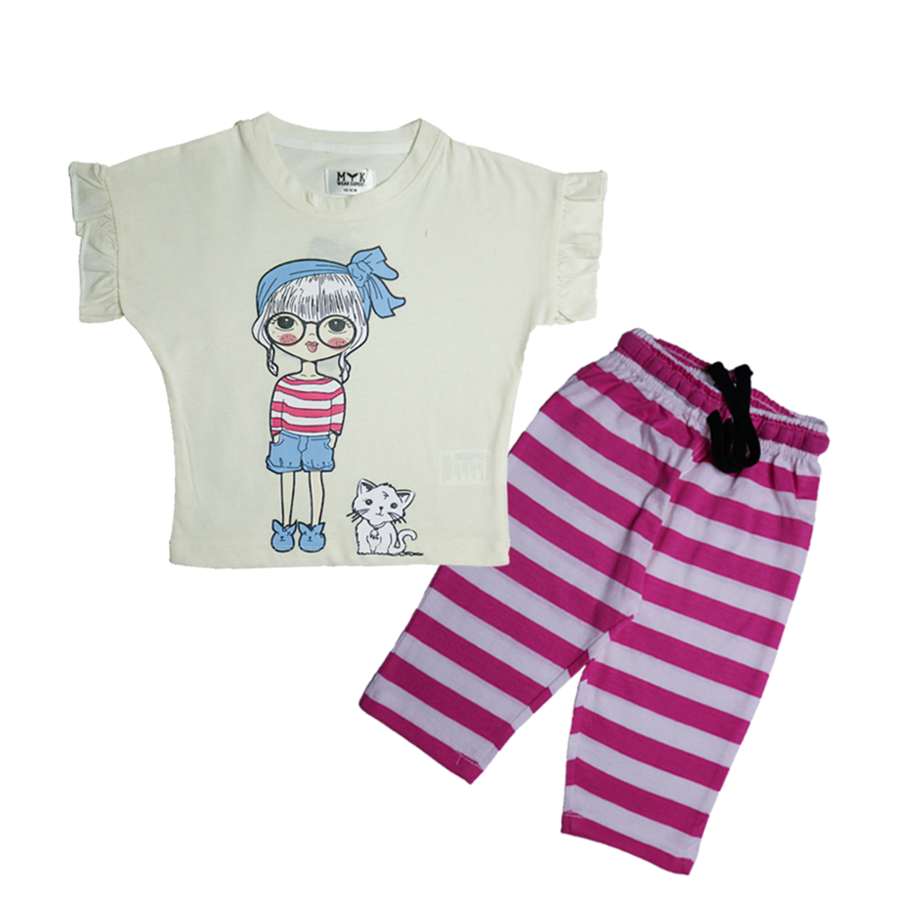 Cute Doll & Cat White Printed T-Shirt with Pink Striped Trouser Set