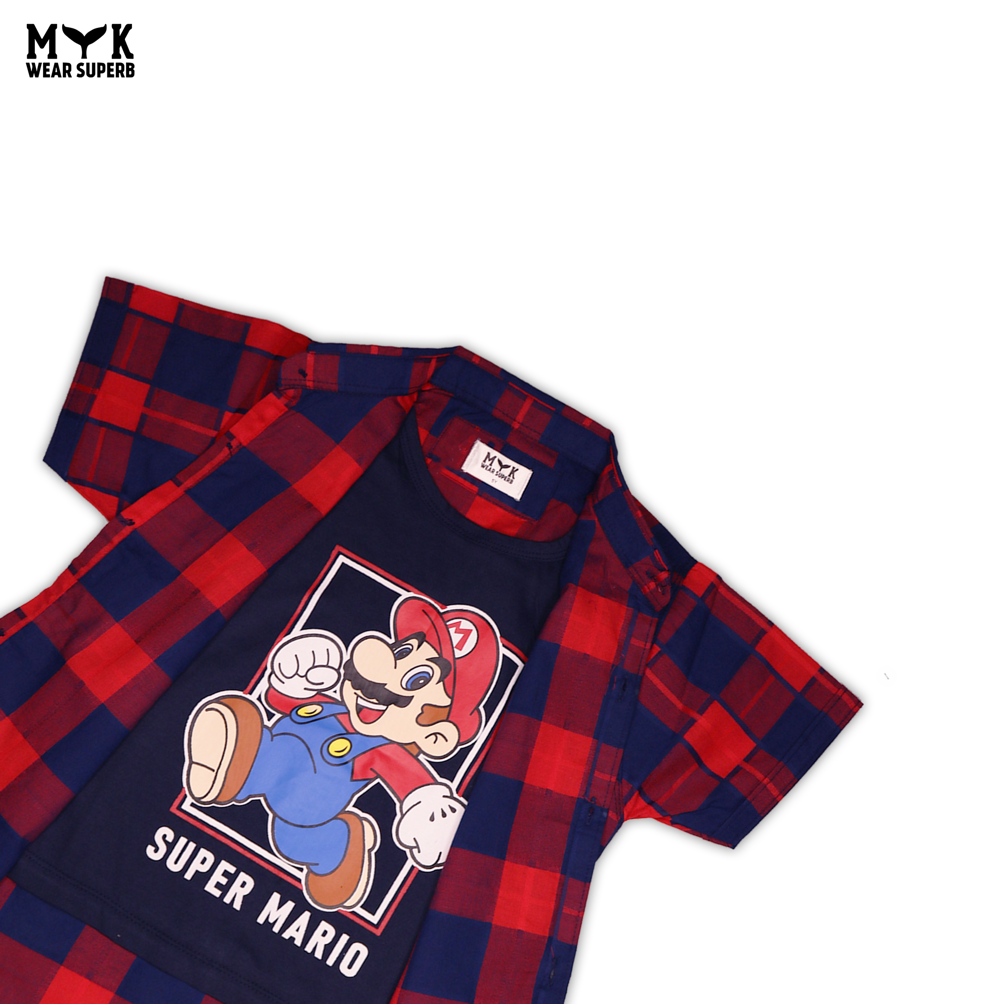 Super Mario Checkered Open Shirt & T-Shirt Set