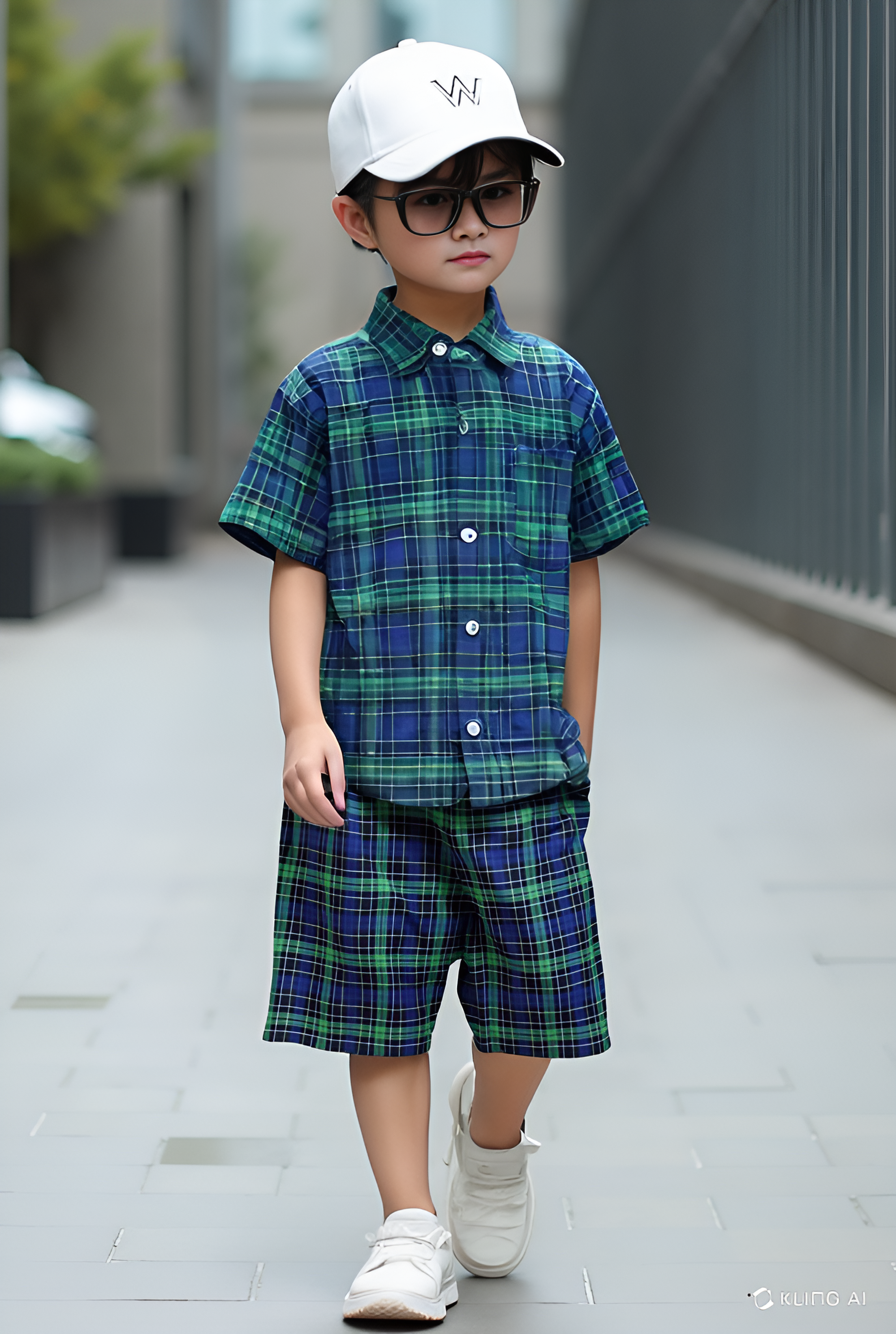 Boys' Olive Green & Navy Checkered Summer Shirt and Shorts Set