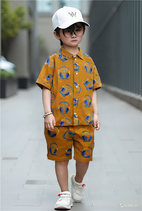 Boys' Summer Linen Co-ord Set – Mustard Headphone Print Shirt & Shorts