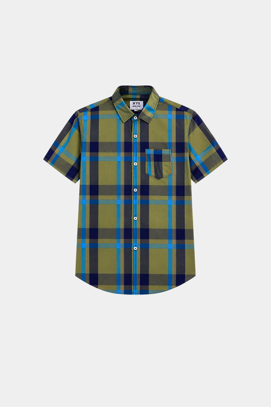 Boys' Stylish Plaid Short-Sleeve Shirt – Olive Green & Blue - MYK_Fatimas