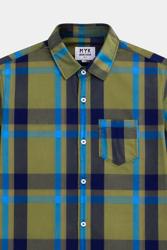 Boys' Stylish Plaid Short-Sleeve Shirt – Olive Green & Blue - MYK_Fatimas