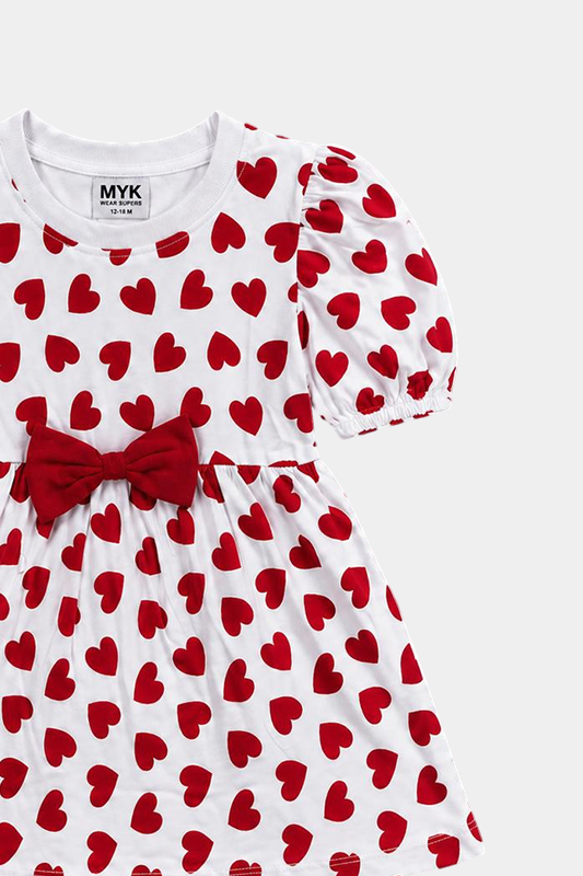 Baby Girl Heart Print Dress with Bow & Frill Pants - MYK_Fatimas
