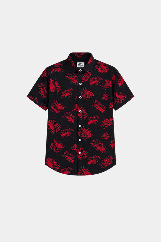 Boys Black & Red Tropical Leaf Linen Co-ord Set - MYK_Fatimas