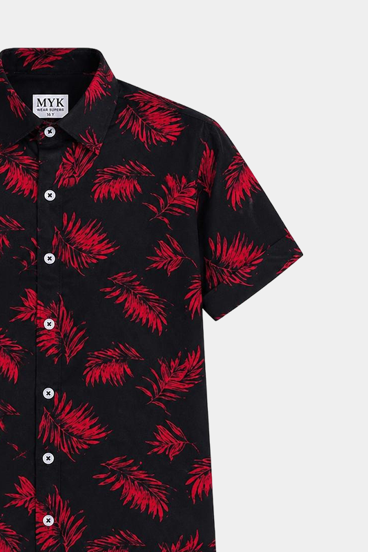 Boys Black & Red Tropical Leaf Linen Co-ord Set - MYK_Fatimas