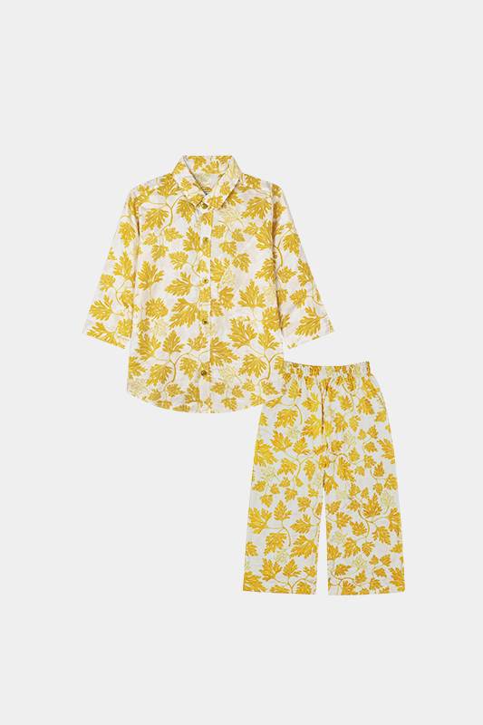 Cozy Cotton Leaf Print Suit – White & Yellow - MYK_Fatimas