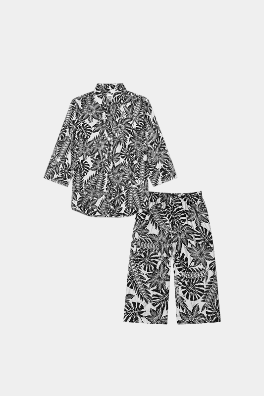 Black & White Floral Leaf Print Co-Ord Set - MYK_Fatimas