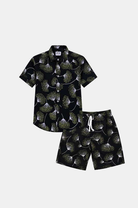 Tropical Bloom Black Shirt & Shorts Set for Kids - MYK_Fatimas