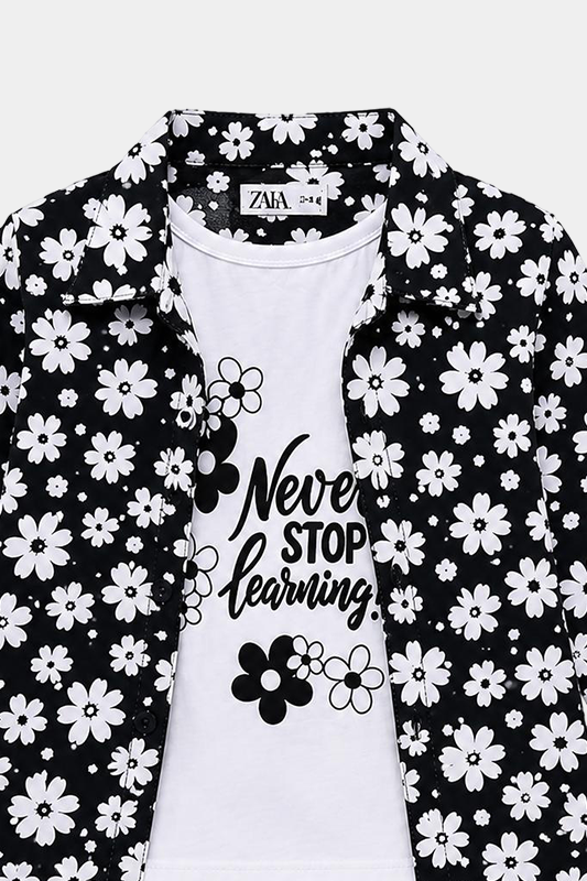Girls Black & White Floral 3 Piece Summer Co-Ord Set - MYK_Fatimas