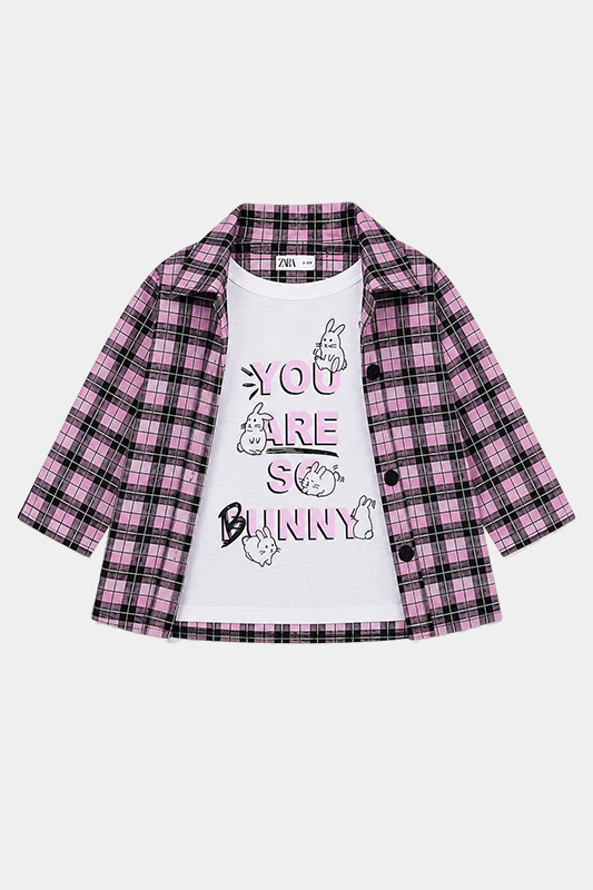 Girls 3 Pcs Bunny Printed Checkered Summer Co-Ord Set – Pink & Black - MYK_Fatimas
