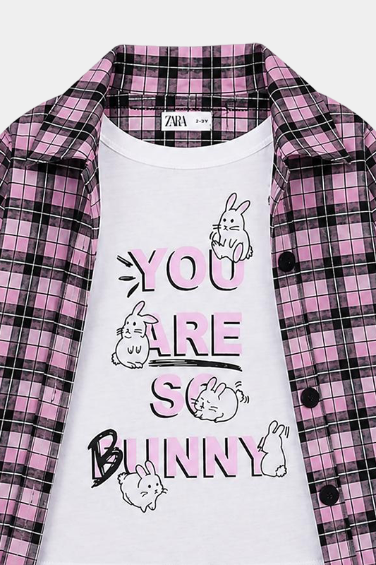 Girls 3 Pcs Bunny Printed Checkered Summer Co-Ord Set – Pink & Black - MYK_Fatimas