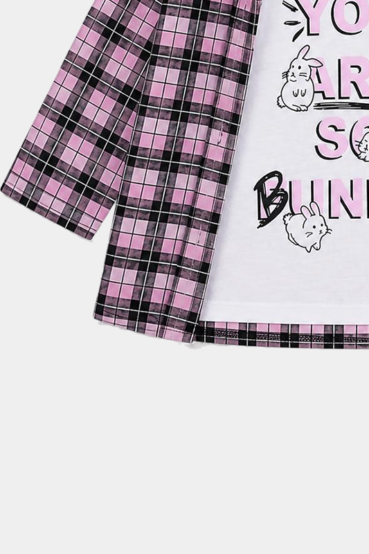 Girls 3 Pcs Bunny Printed Checkered Summer Co-Ord Set – Pink & Black - MYK_Fatimas