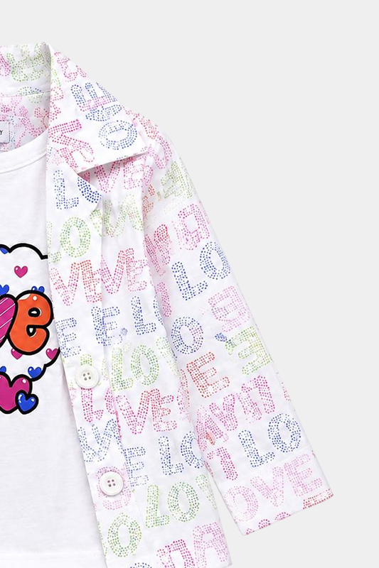 Girls 3 Pcs Love Print Summer Co-Ord Set – White Multi - MYK_Fatimas