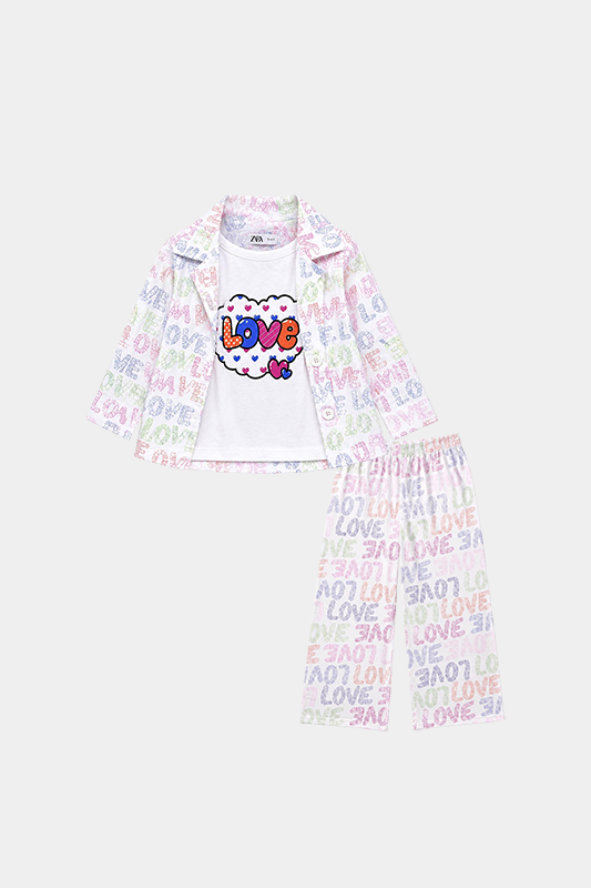 Girls 3 Pcs Love Print Summer Co-Ord Set – White Multi - MYK_Fatimas