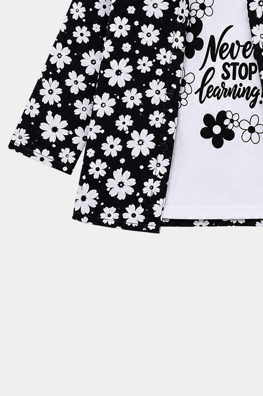 Girls Black & White Floral 3 Piece Summer Co-Ord Set - MYK_Fatimas