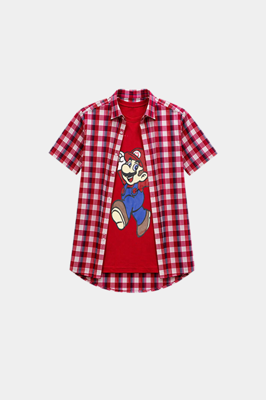 Super Mario Light Red & White Check Double Summer Shirt - MYK_Fatimas